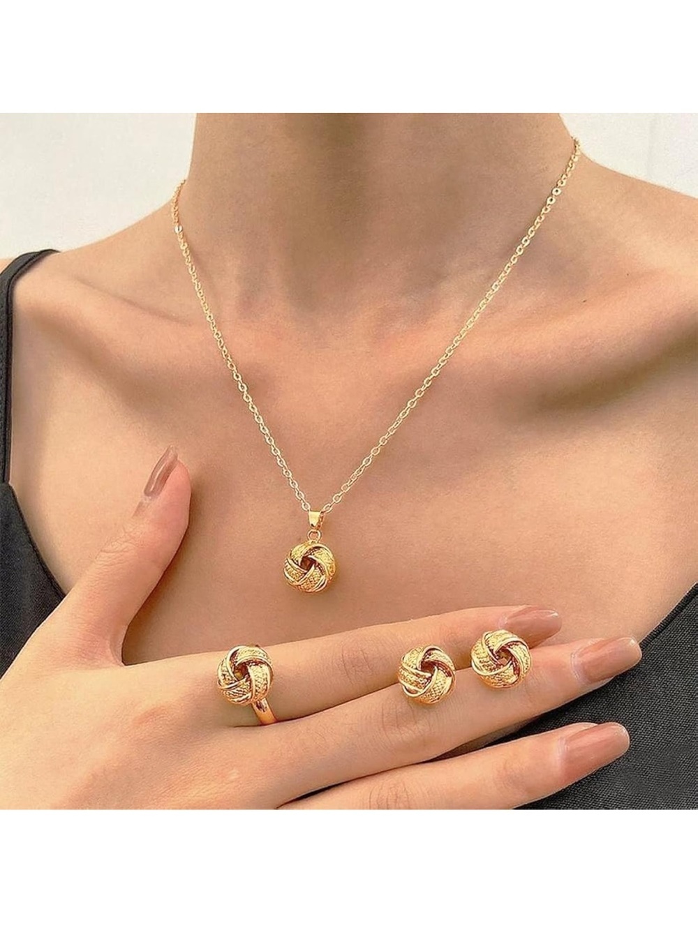 Classic Gold Knot Pendant Necklace with Matching Ring and Earrings Gift Boho New